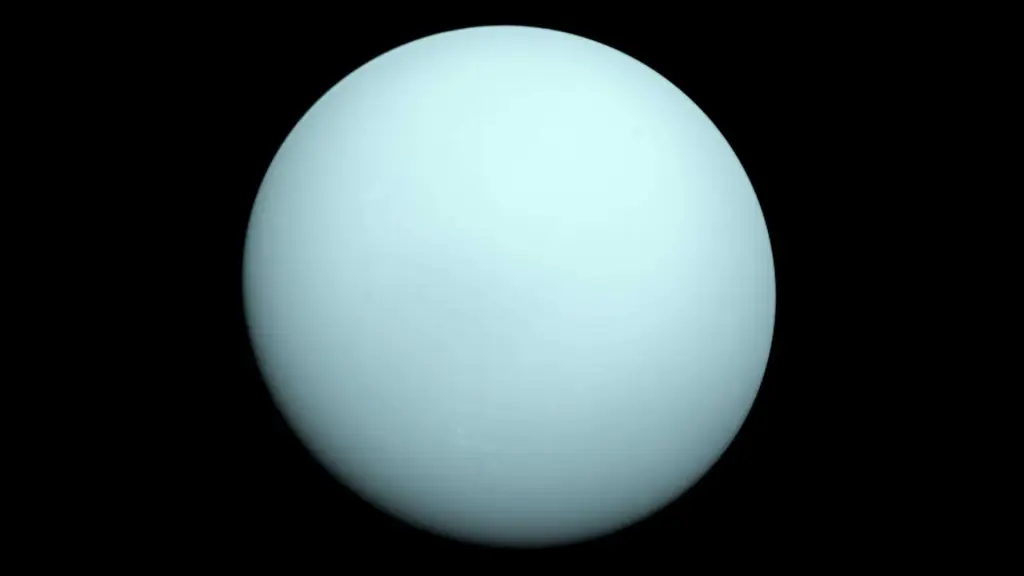 Uranus appears as a soft blue-green sphere, smooth and featureless, with faint rings encircling its tilted axis.